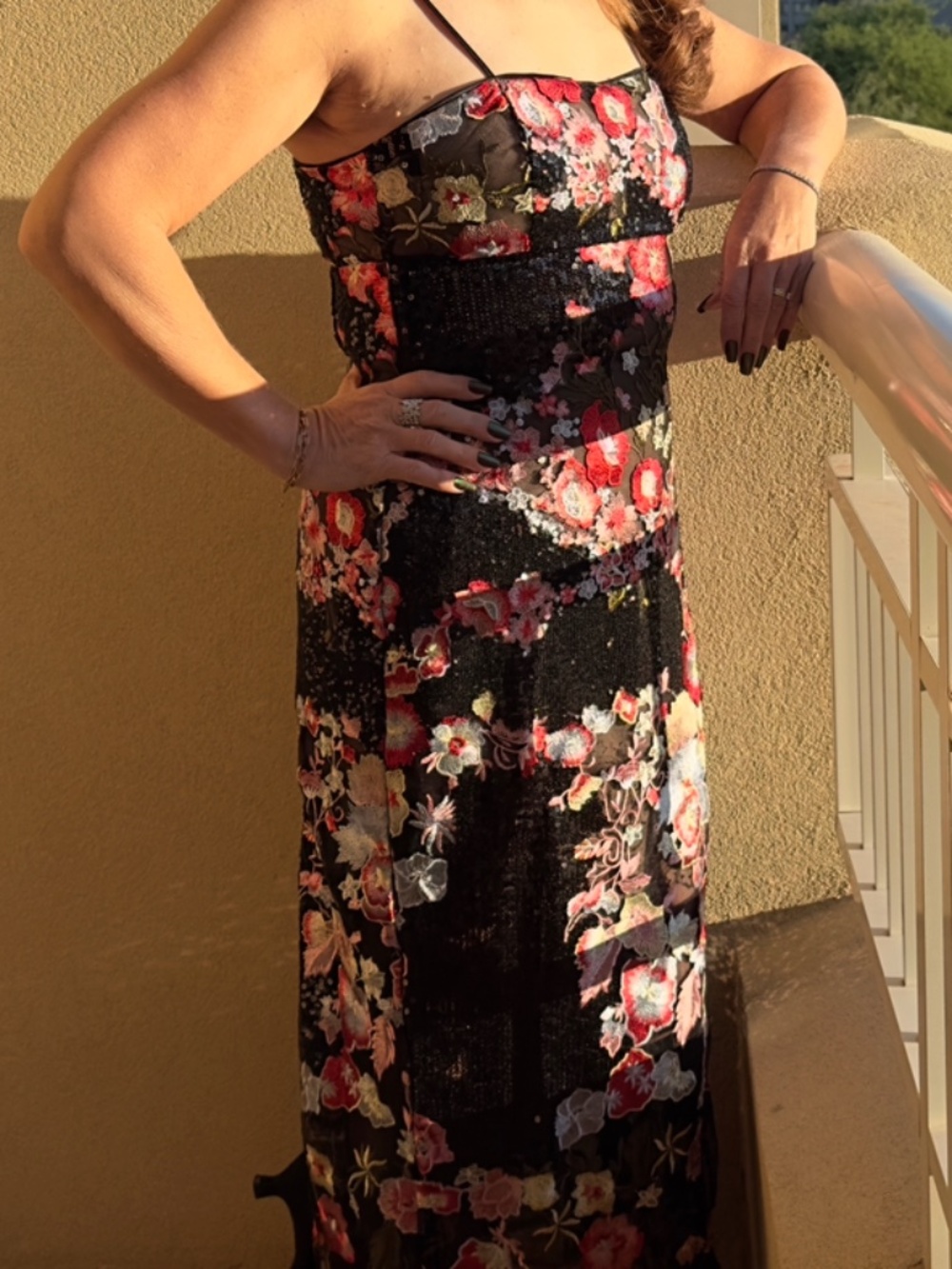 Black Sheer Embroidered Floral Sequin Midi Dress